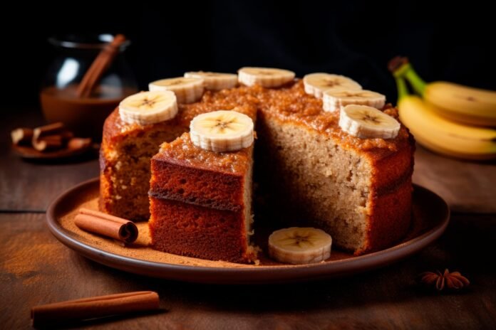 Bolo de banana com canela decorado com rodelas de banana em cima, servido em prato rústico com paus de canela ao lado.